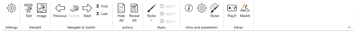 Le ruban Reveal!t dans Microsoft Word : Texte, Image, Précédent, Basculer, Suivant, Premier, Dernier, Tout cacher, Tout révéler, Styles, Info, Paramètres, Play!t, Mark!t.