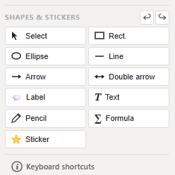 Le panneau Formes et Stickers de Mark!t : sélection, rectangle, ellipse, ligne, flèche, double flèche, étiquette, texte, crayon, sticker, formule.